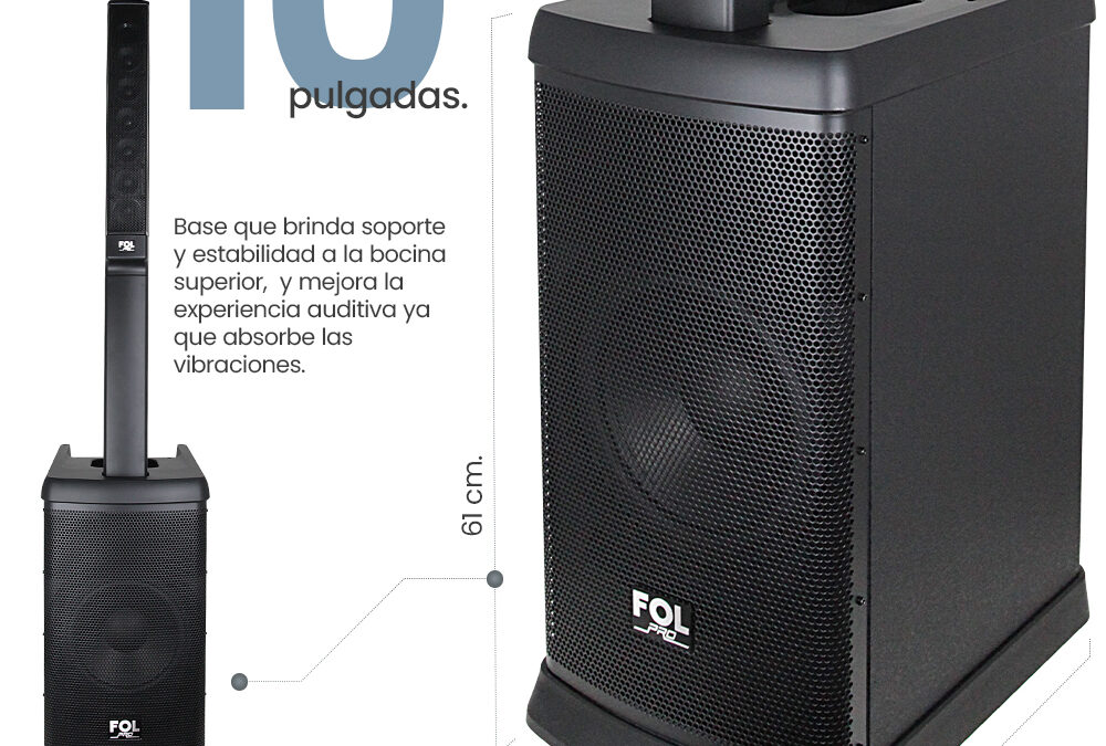 Vista lateral de la torre FOL FS-T888 con estructura robusta y altavoces distribuidos en vertical