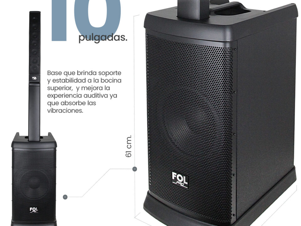 Vista lateral de la torre FOL FS-T888 con estructura robusta y altavoces distribuidos en vertical