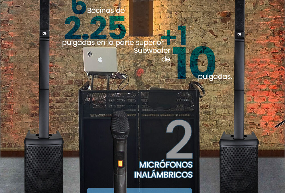 Vista frontal de la torre FOL FS-T888 con dos micrófonos inalámbricos incluidos para karaoke