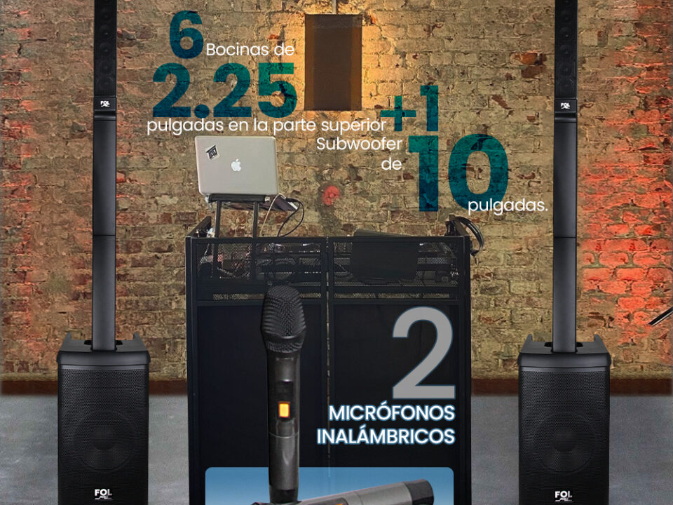 Vista frontal de la torre FOL FS-T888 con dos micrófonos inalámbricos incluidos para karaoke