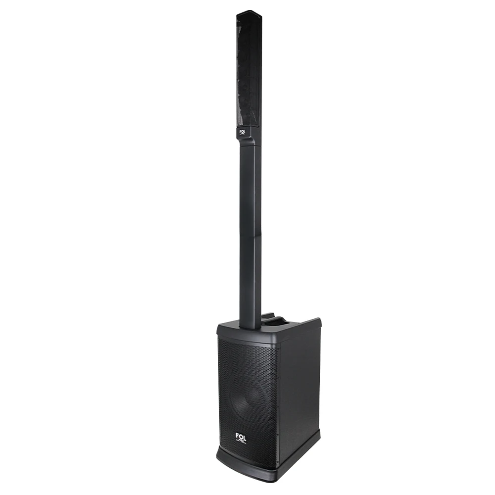 Vista en ángulo del altavoz de columna portátil FOL FS-T888, ideal para eventos y presentaciones en vivo