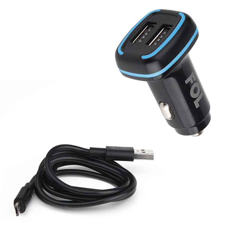 FCP-U02A ADAPTADOR DE CORRIENTE PARA AUTO DOBLE PUERTO LED AZUL Y CABLE USB/V8