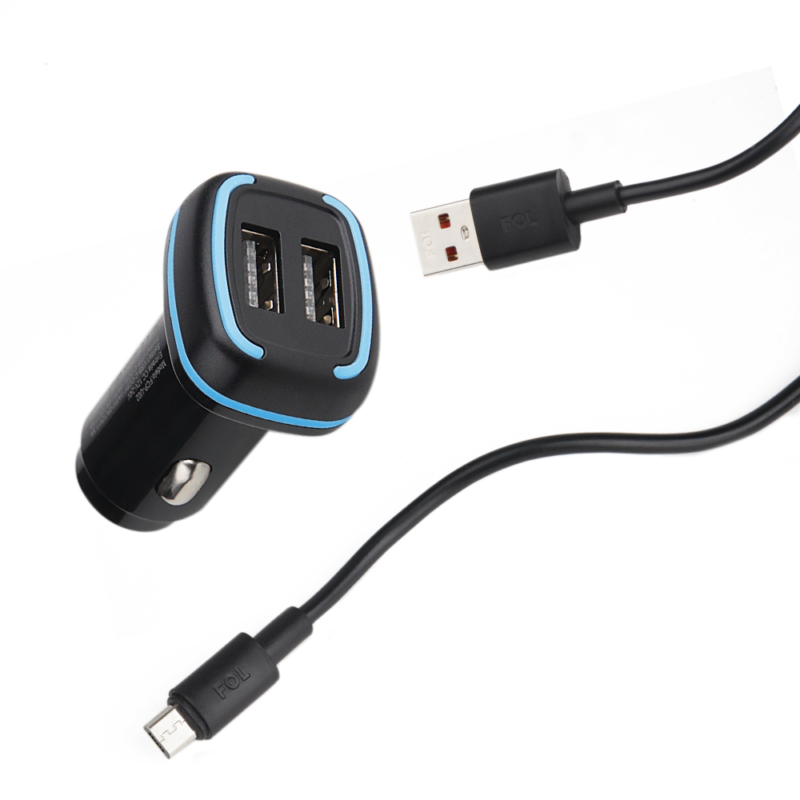 FCP-U02A ADAPTADOR DE CORRIENTE PARA AUTO DOBLE PUERTO LED AZUL Y CABLE USB/V8
