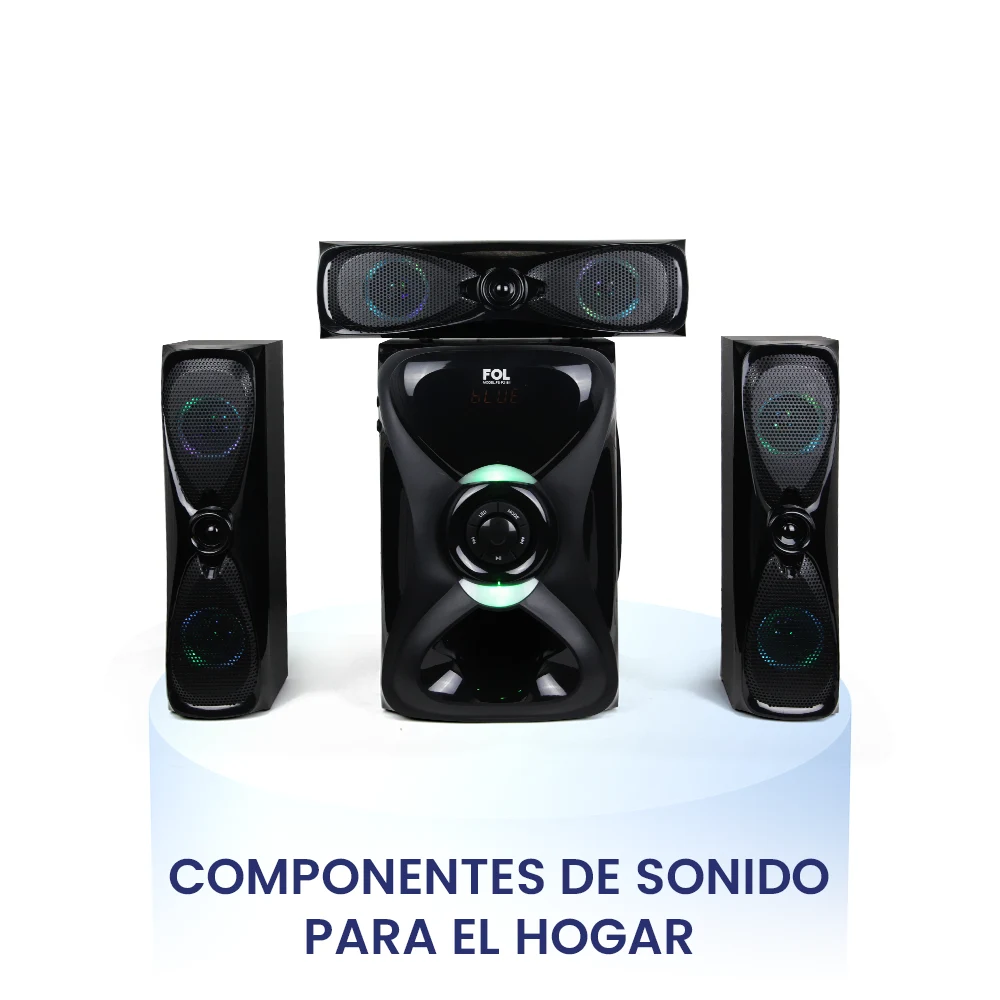 Bocinas FOL tipo 2.1 con diseño elegante y potente bajo, ideal para cine en casa y música en alta calidad