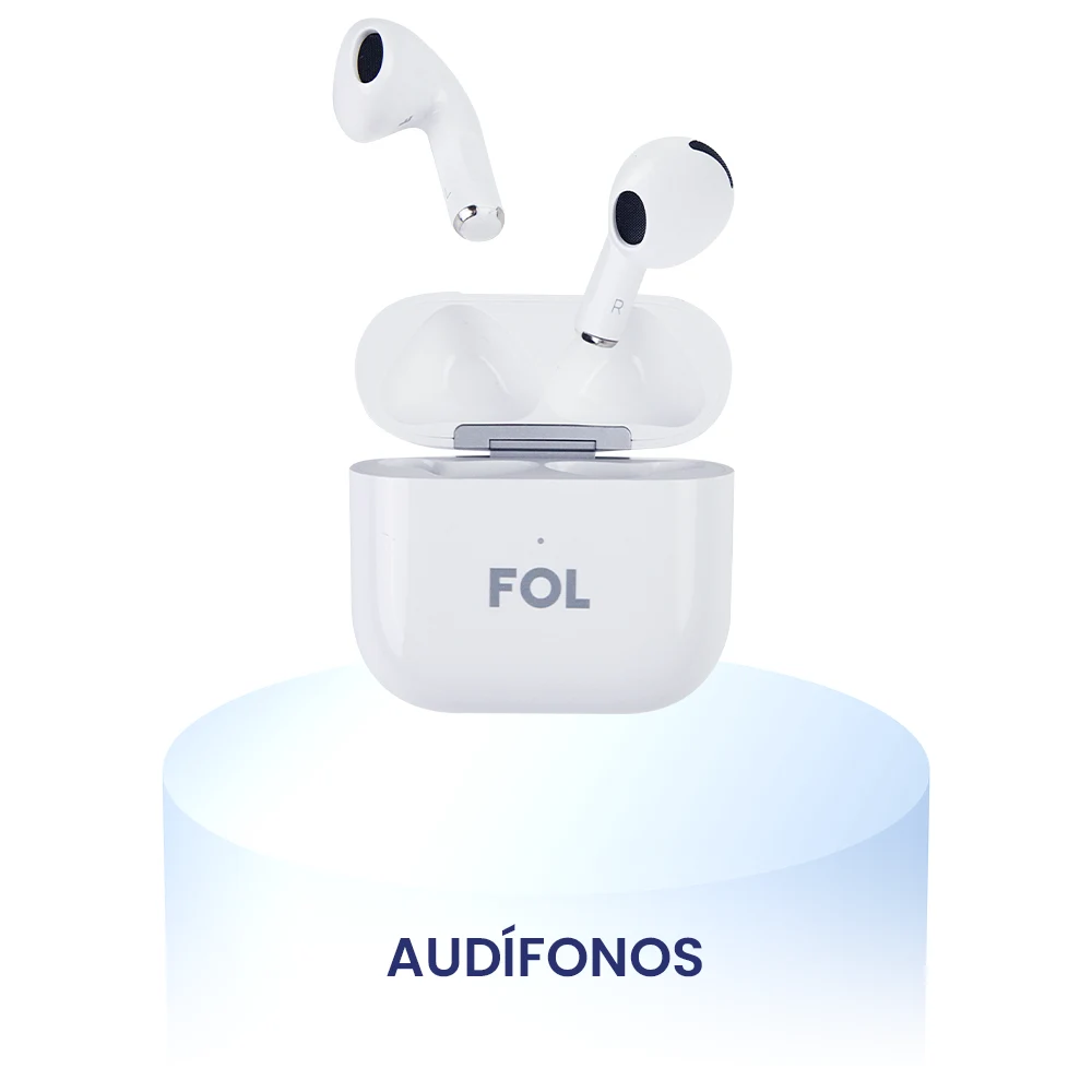 Audífonos FOL con texto "Audífonos", auriculares inalámbricos y alámbricos diseñados para audio personal de alta calidad