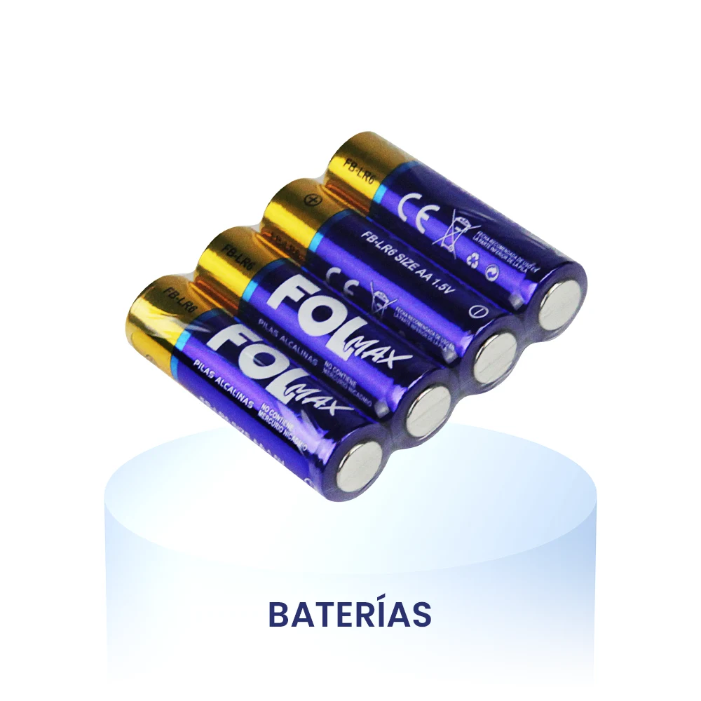 Baterías FOL con texto "Baterías", baterías recargables y de respaldo para dispositivos electrónicos y bocinas portátiles FOL