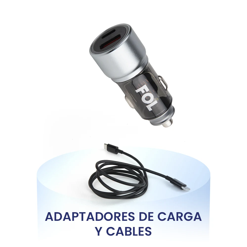 Cargadores FOL con texto "Cargadores", ideales para carga rápida de dispositivos electrónicos con puertos USB múltiples y diseño portátil