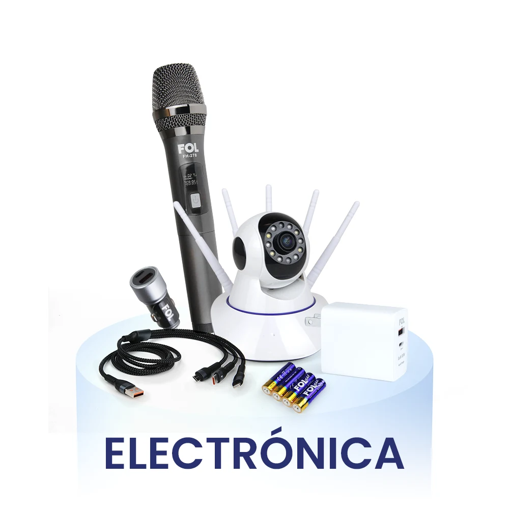 Categoría ELECT de FOL: imagen con ventilador de pedestal, lámpara LED, cables USB y convertidores, acompañada del texto "ELECT" en mayúsculas. Representa la línea de productos electrónicos de la marca FOL.