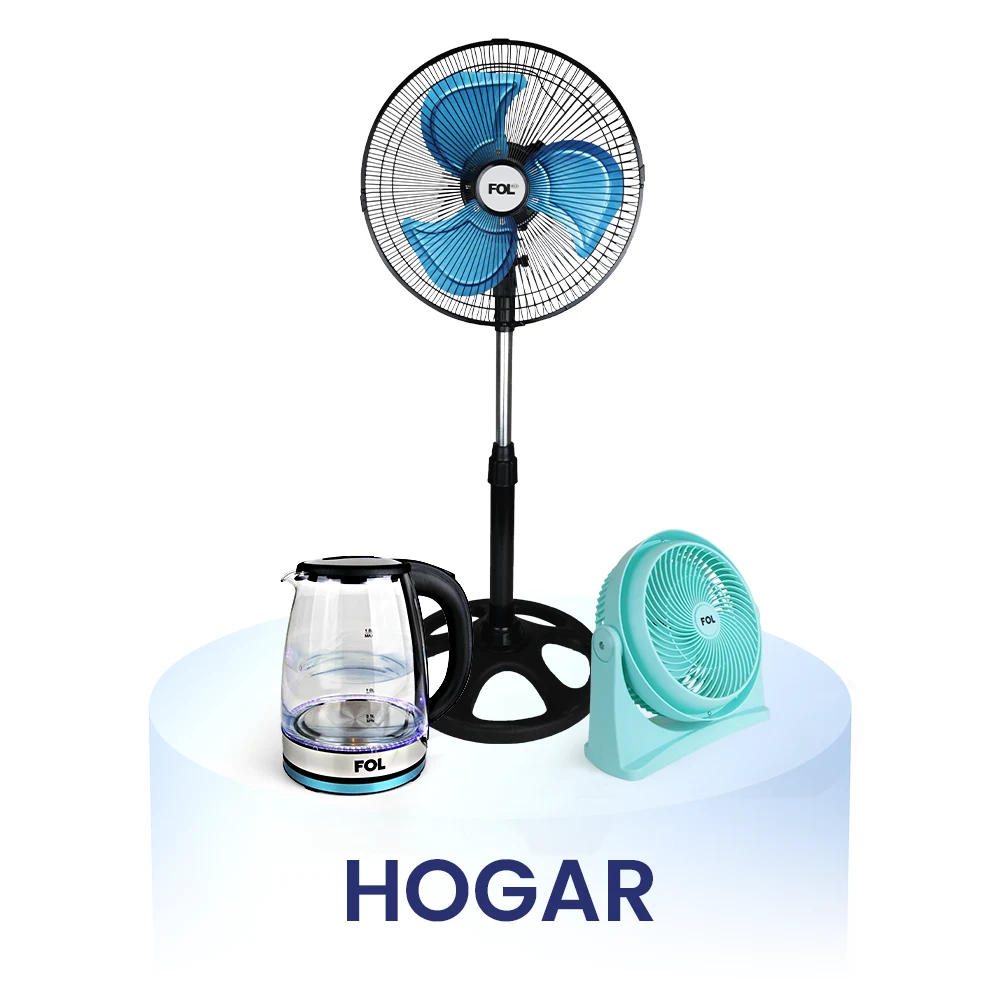 Categoría de HOGAR de FOL: ventilador de pedestal FOL, hervidor eléctrico FOL y ventilador de escritorio turquesa sobre fondo blanco con la palabra "HOGAR". Imagen representativa de productos para el hogar.