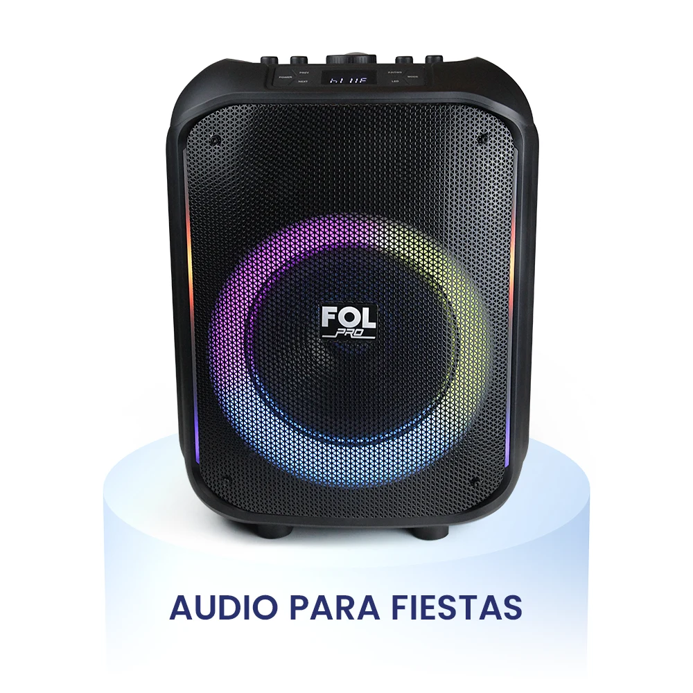 Bocinas FOL para fiestas con texto "Fiestas", ideal para eventos, celebraciones y reuniones sociales con sonido potente y luces RGB