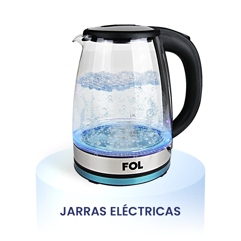 Jarras eléctricas FOL con texto "Jarras eléctricas", imagen de promoción de hervidores eléctricos ideales para el hogar y la oficina