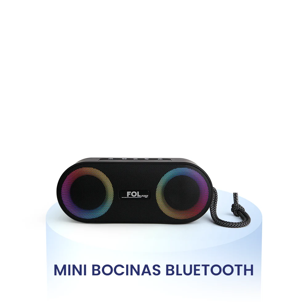 Mini bocinas FOL con texto "Mini Bocinas", diseño compacto y portátil ideal para uso diario con conexión Bluetooth y luz LED RGB