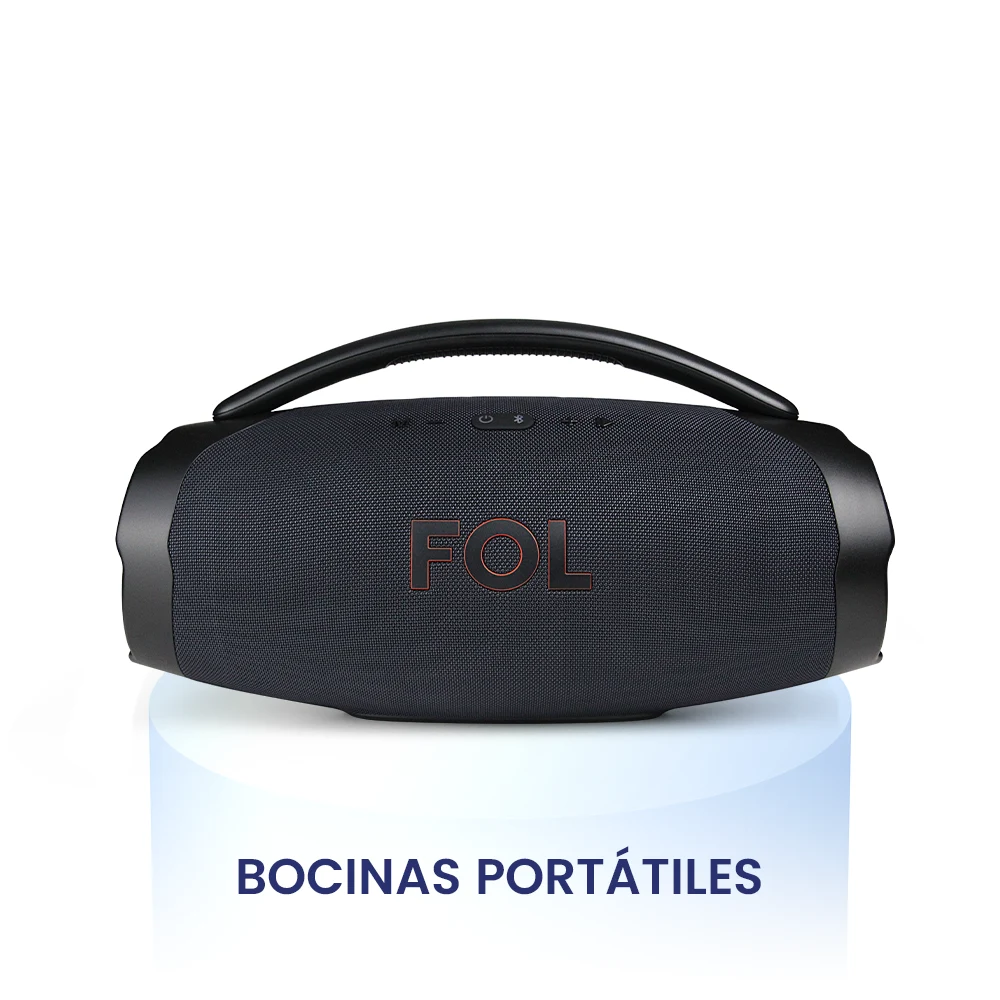 Bocinas portátiles FOL con texto "Bocinas Portátiles", ideales para uso móvil con conexión Bluetooth, batería recargable y diseño compacto