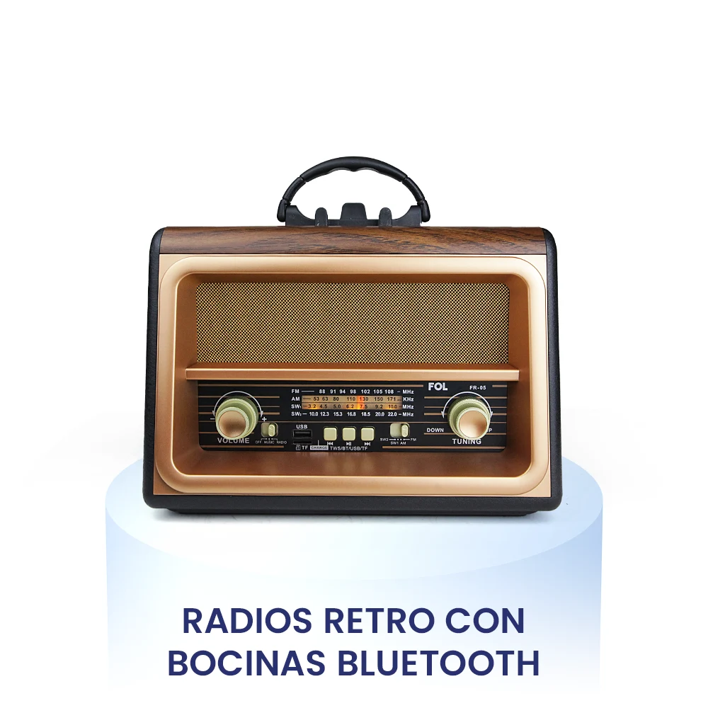 Radios retro FOL con estilo vintage y texto "Radios Retro Con Bocinas Bluetooth", ideales para escuchar AM/FM/SW con diseño clásico y conectividad moderna