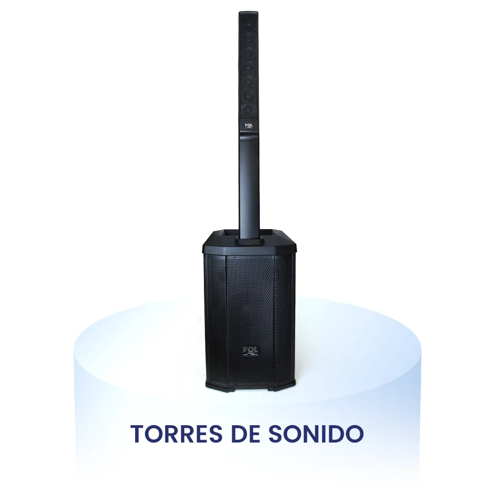 Torres de sonido FOL con diseño vertical y texto "Torres de Sonido", ideal para audio envolvente y alta fidelidad en casa