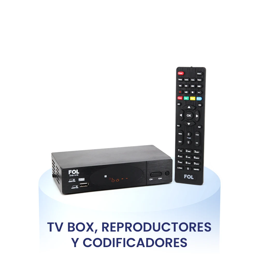 Reproductor multimedia TV Box FOL con control remoto, ideal para convertir tu televisor en Smart TV