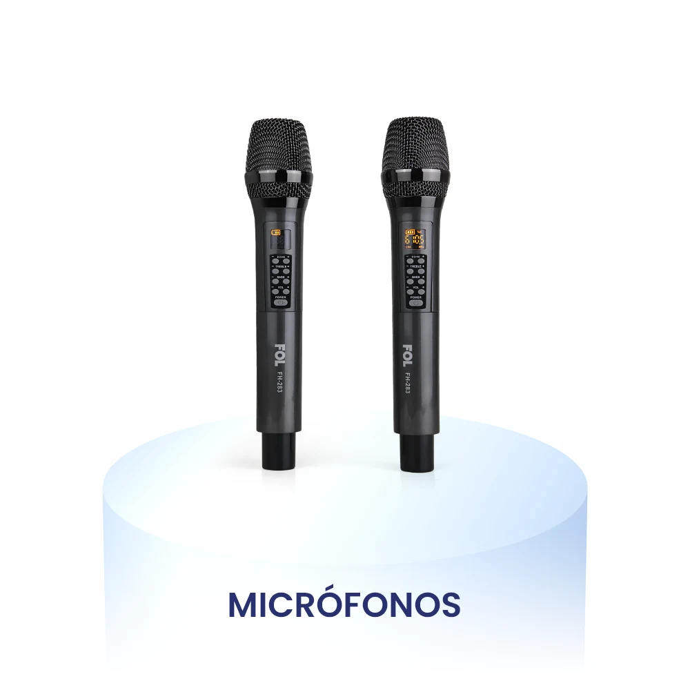 Micrófonos FOL con texto "Micrófonos", imagen promocional de micrófonos inalámbricos recargables ideales para karaoke, grabación y presentaciones
