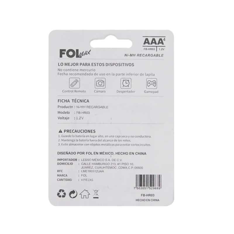 FB-HR03 BATERÍA RECARGABLE AAA, 4 PIEZAS, 800mAh / 1.2V
