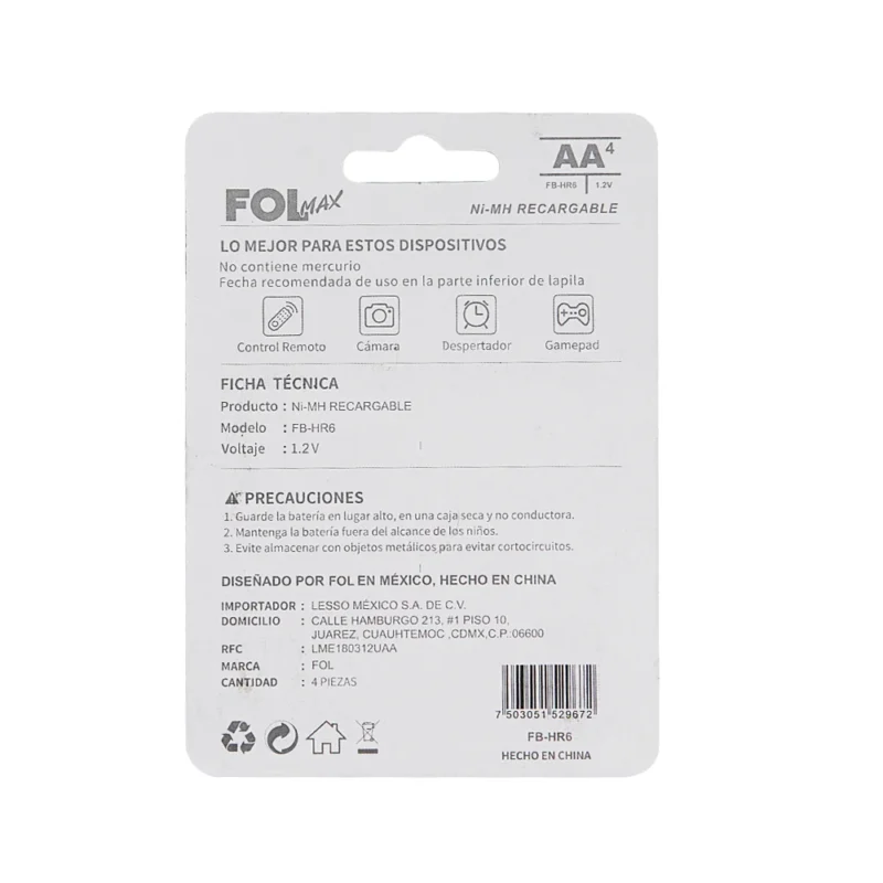 FB-HR6 BATERÍA RECARGABLE AA, 4 PIEZAS, 1800mAh / 1.2V