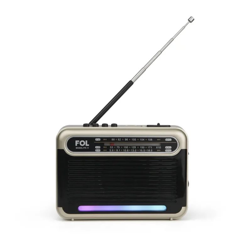 FR-11 BOCINA TWS ESTILO RADIO RETRO, RECARGABLE, SINTONIZADOR DE BANDA ANALOGO CON LUZ