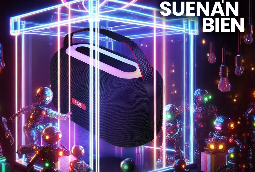 Altavoz Bluetooth FOL FS-R318: Diseño de caja de regalo con neón colorido, ideal para regalar. "Regalos que Suenan Genial" – muestra una calidad de audio premium para todas las ocasiones. Altavoz inalámbrico portátil con luces RGB vibrantes, construcción resistente, sonido 3D. "Los mejores altavoces bluetooth para cada ocasión" – perfecto para fiestas, viajes y uso doméstico.