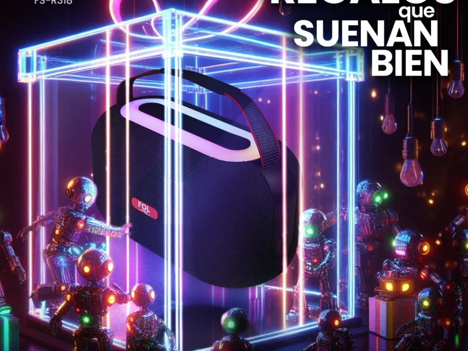 Altavoz Bluetooth FOL FS-R318: Diseño de caja de regalo con neón colorido, ideal para regalar. "Regalos que Suenan Genial" – muestra una calidad de audio premium para todas las ocasiones. Altavoz inalámbrico portátil con luces RGB vibrantes, construcción resistente, sonido 3D. "Los mejores altavoces bluetooth para cada ocasión" – perfecto para fiestas, viajes y uso doméstico.