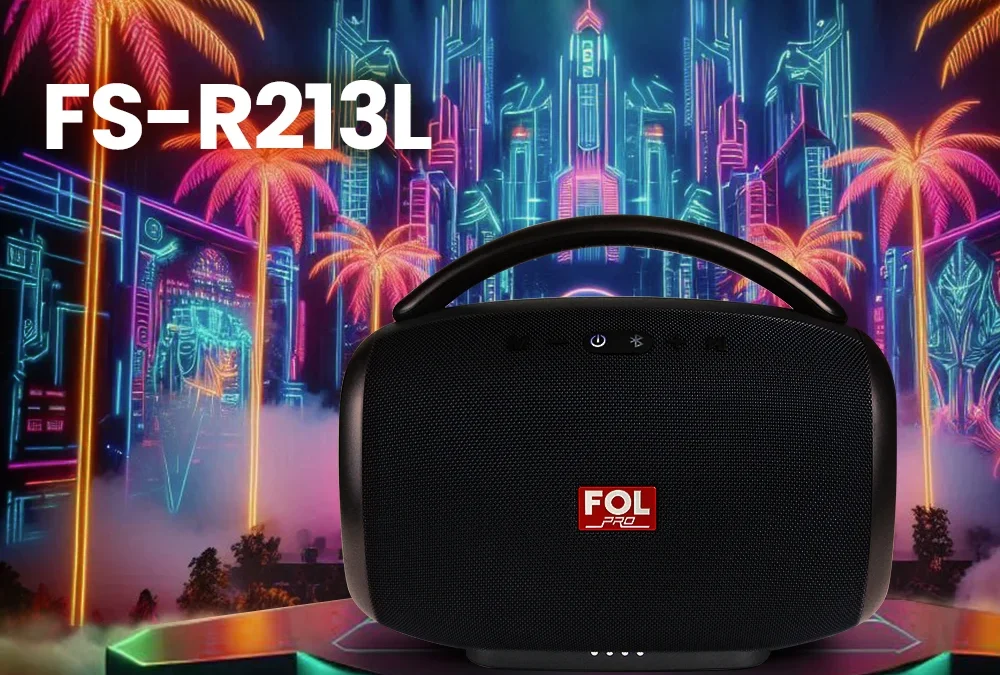 Altavoz portátil FOL FS - R213L, Compañero de audio ideal para todos los escenarios, con fondo de ciudad neón