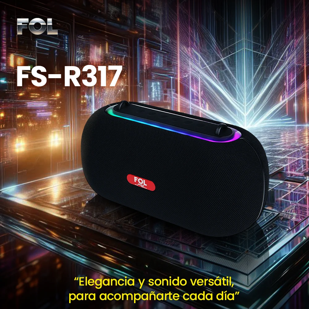 Bocina FOL FS-R317 con iluminación RGB exhibida en un paisaje urbano futurista iluminado con neones, con el eslogan “Elegant and versatile sound, to accompany you every day”.