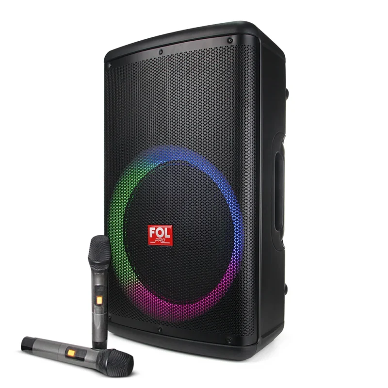 FS-L1501 BAFLE TWS, 2 MICRÓFONOS, 220 WATTS, XLR IN/OUT, GUITARRA Y MICRO IN, CON LUZ